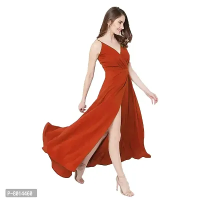Nilkanth Enterprise Womens Solid V Neck Maxi Dress (Medium, RED)-thumb3