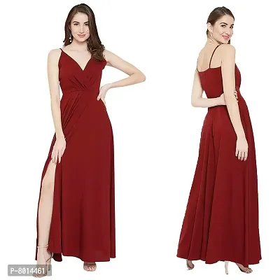 Nilkanth Enterprise Womens Solid V Neck Maxi Dress (X-Large, Maroon)-thumb5