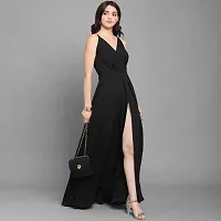 EMblica Women Sleeveless A-line Fit and Flare Dress/Maxi/Full Length Crepe/Polyester Fabric with V Neck (Size: XS; Color: Black)-thumb3