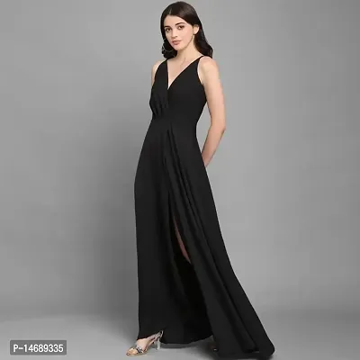 EMblica Women Sleeveless A-line Fit and Flare Dress/Maxi/Full Length Crepe/Polyester Fabric with V Neck (Size: XS; Color: Black)-thumb5