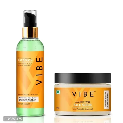 VIBE Face Scrub for Face Blackheads Remove Rejuvenate Skin | Vitamin C Oat Meal  Green Tea Face Wash for All Skin Type | Natural Face Wash for Men  Women | Scrub 50GM -Face Wash 100ML | Combo Pack-thumb0