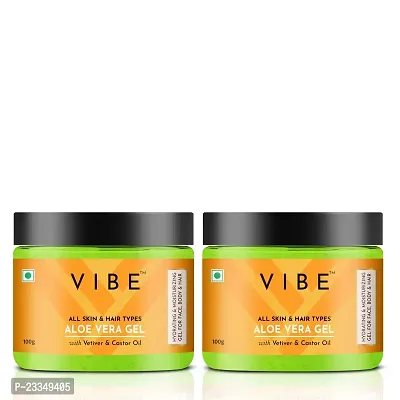 VIBE Organic Aloe Vera Gel for Face and Hair with Vetiver  Castor Oil, Face Moisturizer for Women  Men, for All Skin  Hair Types Wedding New Year Make Over (100 Gm, Pack of 2)