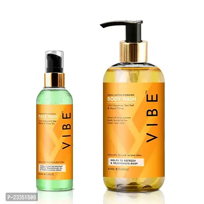 VIBE Long Lasting Hydration Natural Body Wash (300ml)  Vitamin C, Oat Meal  Green Tea Face Wash for All Skin Type (100ML) Wedding anew Year Winter Personal Care Jumbo Pack
