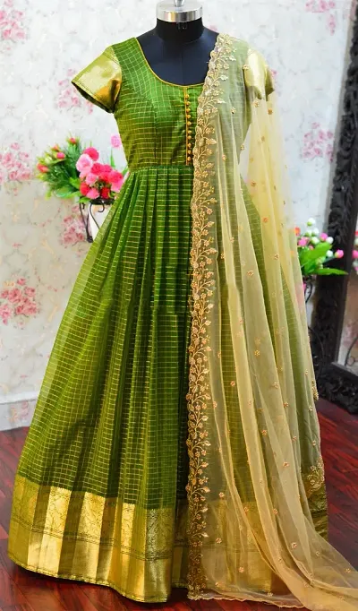 Stylish Fancy Chanderi Silk Woven Design Ethnic Gown With Dupatta For Women