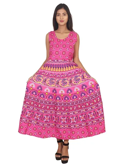 ART WORLD Women's Cotton Rajasthani Jaipuri Traditional Floral Printed Long midi one Piece Dress