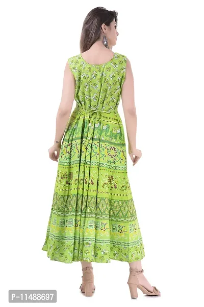 ART WORLD Women's Cotton Rajasthani Jaipuri Traditional Floral Printed Long midi one Piece Dress (Blue) (Green)-thumb4