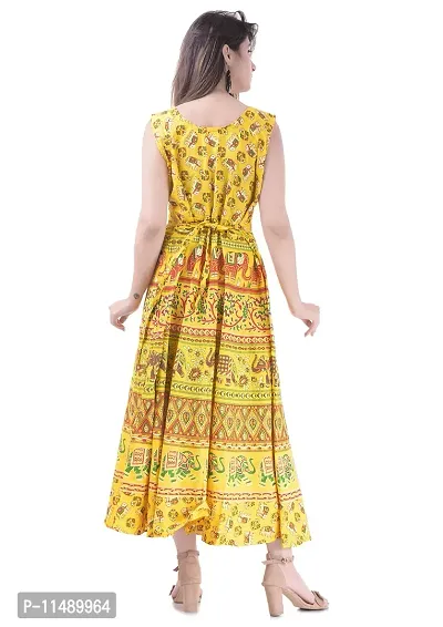 ART WORLD Women's Cotton Rajasthani Jaipuri Traditional Floral Printed Long midi one Piece Dress (Blue) (Yellow)-thumb5