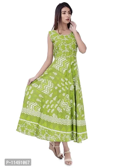 ART WORLD Women's Cotton Rajasthani Jaipuri Traditional Floral Printed Long midi one Piece Dress (Green)-thumb2