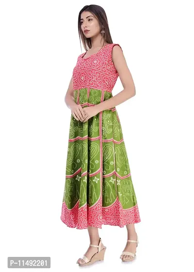 ART WORLD Women's cotton Rajasthani jaipuri traditional floral printed long midi one piece dress (Green 2)-thumb2