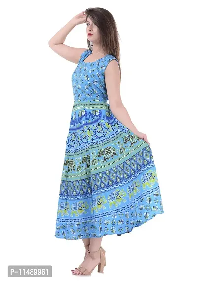 ART WORLD Women's Cotton Rajasthani Jaipuri Traditional Floral Printed Long midi one Piece Dress (Blue) (Blue)-thumb2