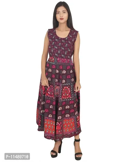ART WORLD Women's Cotton Rajasthani Jaipuri Traditional Floral Printed Long midi one Piece Dress (Maroon)