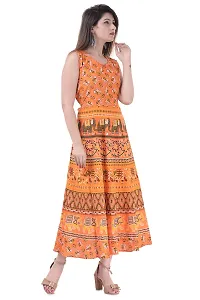 ART WORLD Women's Cotton Rajasthani Jaipuri Traditional Floral Printed Long midi one Piece Dress (Blue) (Orange)-thumb2