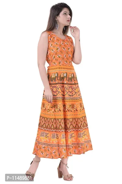 ART WORLD Women's Cotton Rajasthani Jaipuri Traditional Floral Printed Long midi one Piece Dress (Blue) (Orange)-thumb3