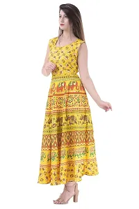 ART WORLD Women's Cotton Rajasthani Jaipuri Traditional Floral Printed Long midi one Piece Dress (Blue) (Yellow)-thumb1