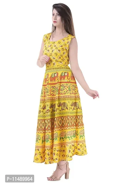 ART WORLD Women's Cotton Rajasthani Jaipuri Traditional Floral Printed Long midi one Piece Dress (Blue) (Yellow)-thumb2