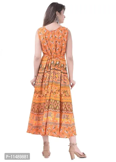 ART WORLD Women's Cotton Rajasthani Jaipuri Traditional Floral Printed Long midi one Piece Dress (Blue) (Orange)-thumb4