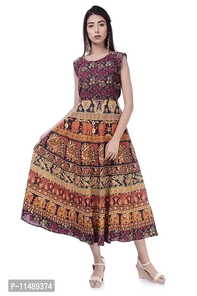 ART WORLD Women's Cotton Rajasthani Jaipuri Floral Printed Long midi one Piece Dress (Maroon)