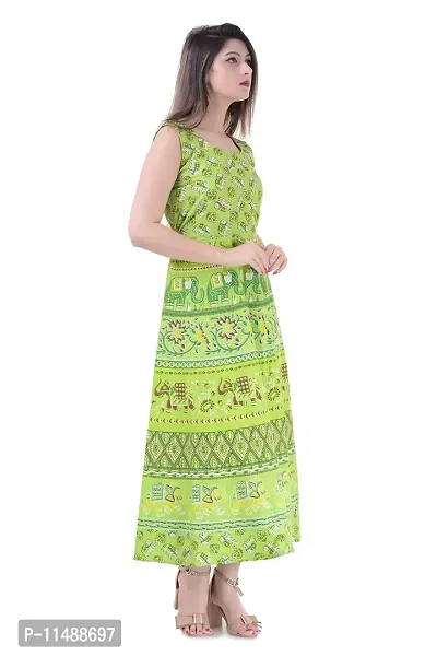 ART WORLD Women's Cotton Rajasthani Jaipuri Traditional Floral Printed Long midi one Piece Dress (Blue) (Green)-thumb2