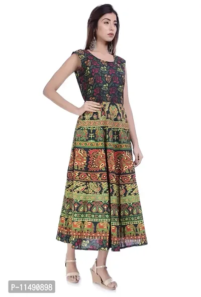 ART WORLD Women's Cotton Rajasthani Jaipuri Floral Printed Long midi one Piece Dress (Green)-thumb2