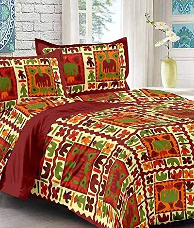 ART WORLD Queen Size Double Bed Sheet with Pillow Covers Pure Cotton Rajasthani Jaipuri Traditional Printed Bedcover