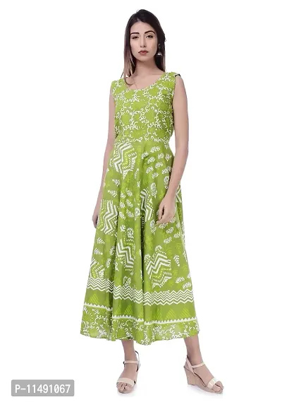 ART WORLD Women's Cotton Rajasthani Jaipuri Traditional Floral Printed Long midi one Piece Dress (Green)-thumb0