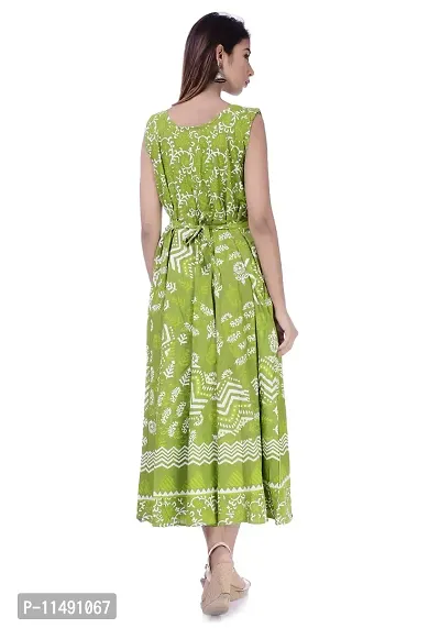 ART WORLD Women's Cotton Rajasthani Jaipuri Traditional Floral Printed Long midi one Piece Dress (Green)-thumb3