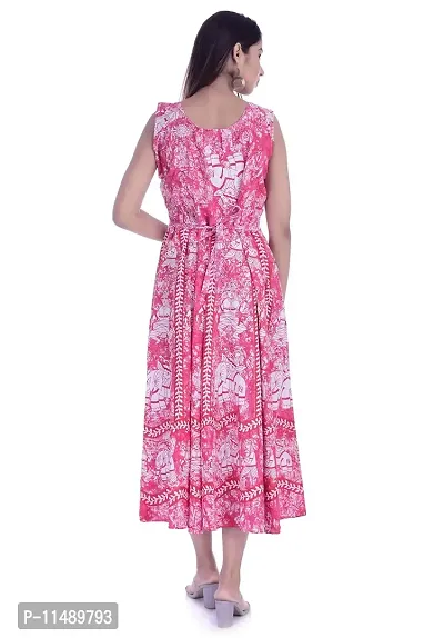 ART WORLD Women's Cotton Rajasthani Jaipuri Traditional Floral Printed Long midi one Piece Dress (Pink)-thumb2