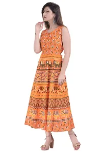 ART WORLD Women's Cotton Rajasthani Jaipuri Traditional Floral Printed Long midi one Piece Dress (Blue) (Orange)-thumb1