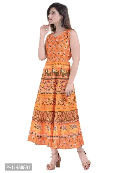 ART WORLD Women's Cotton Rajasthani Jaipuri Traditional Floral Printed Long midi one Piece Dress (Blue) (Orange)-thumb2