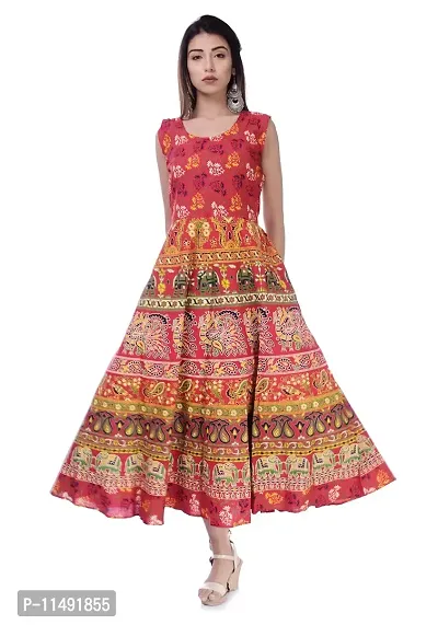 ART WORLD Women's Cotton Rajasthani Jaipuri Floral Printed Long midi one Piece Dress (Red)
