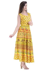 ART WORLD Women's Cotton Rajasthani Jaipuri Traditional Floral Printed Long midi one Piece Dress (Blue) (Yellow)-thumb2