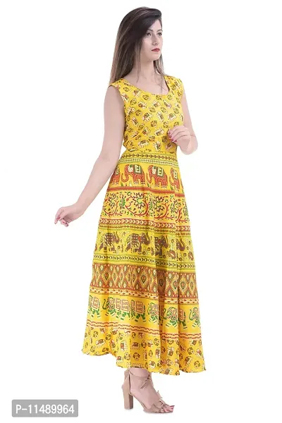 ART WORLD Women's Cotton Rajasthani Jaipuri Traditional Floral Printed Long midi one Piece Dress (Blue) (Yellow)-thumb3