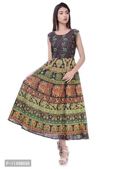 ART WORLD Women's Cotton Rajasthani Jaipuri Floral Printed Long midi one Piece Dress (Green)