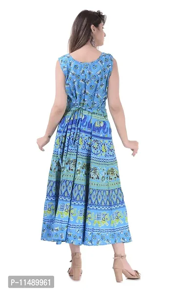 ART WORLD Women's Cotton Rajasthani Jaipuri Traditional Floral Printed Long midi one Piece Dress (Blue) (Blue)-thumb4