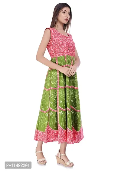 ART WORLD Women's cotton Rajasthani jaipuri traditional floral printed long midi one piece dress (Green 2)-thumb3