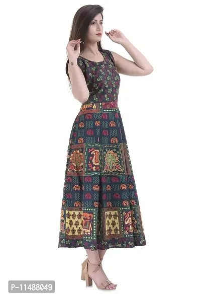 ART WORLD Women's Cotton Rajasthani Jaipuri Traditional Floral Printed Long midi one Piece Dress (Green)-thumb3