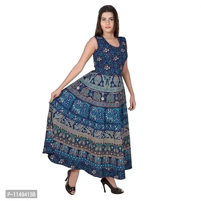 ART WORLD Women's Cotton Rajasthani Jaipuri Floral Printed Long midi one Piece Dress (Blue)
