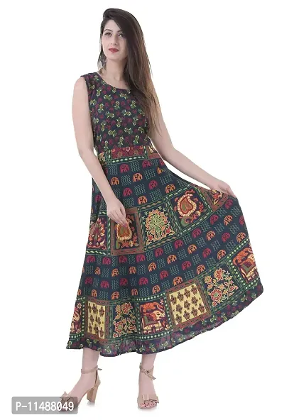 ART WORLD Women's Cotton Rajasthani Jaipuri Traditional Floral Printed Long midi one Piece Dress (Green)-thumb0