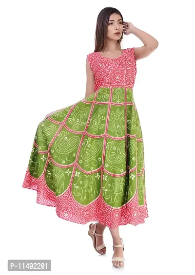 ART WORLD Women's cotton Rajasthani jaipuri traditional floral printed long midi one piece dress (Green 2)-thumb0