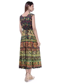 ART WORLD Women's Cotton Rajasthani Jaipuri Floral Printed Long midi one Piece Dress (Green)-thumb2