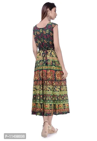 ART WORLD Women's Cotton Rajasthani Jaipuri Floral Printed Long midi one Piece Dress (Green)-thumb3