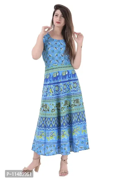 ART WORLD Women's Cotton Rajasthani Jaipuri Traditional Floral Printed Long midi one Piece Dress (Blue) (Blue)