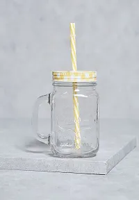 Kosh Mason Glass Jar with Lid and Straw Multicolour Mugs with Handle, Regular Mouth, Colorful Lids with Reusable Straw Beverages Glass Air Tight Frosty Jar with Handle Mason Mug-thumb3