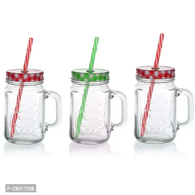 Kosh Mason Glass Jar with Lid and Straw Multicolour Mugs with Handle, Regular Mouth, Colorful Lids with Reusable Straw Beverages Glass Air Tight Frosty Jar with Handle Mason Mug (Pack of 3)-thumb0