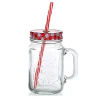 Kosh Mason Glass Jar with Lid and Straw Multicolour Mugs with Handle, Regular Mouth, Colorful Lids with Reusable Straw Beverages Glass Air Tight Frosty Jar with Handle Mason Mug (Pack of 4)-thumb1