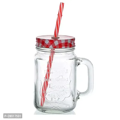 Kosh Mason Glass Jar with Lid and Straw Multicolour Mugs with Handle, Regular Mouth, Colorful Lids with Reusable Straw Beverages Glass Air Tight Frosty Jar with Handle Mason Mug (Pack of 4)-thumb2