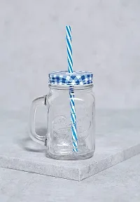 Kosh Mason Glass Jar with Lid and Straw Multicolour Mugs with Handle, Regular Mouth, Colorful Lids with Reusable Straw Beverages Glass Air Tight Frosty Jar with Handle Mason Mug-thumb1