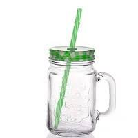 Kosh Mason Glass Jar with Lid and Straw Multicolour Mugs with Handle, Regular Mouth, Colorful Lids with Reusable Straw Beverages Glass Air Tight Frosty Jar with Handle Mason Mug (Pack of 4)-thumb2