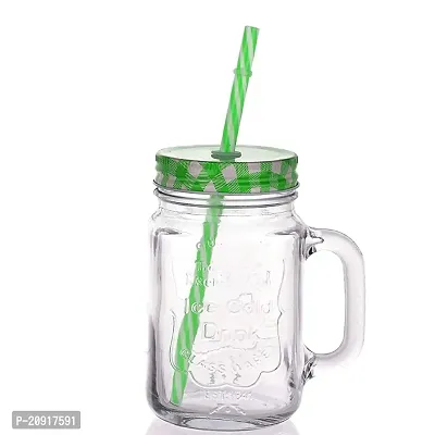 Kosh Mason Glass Jar with Lid and Straw Multicolour Mugs with Handle, Regular Mouth, Colorful Lids with Reusable Straw Beverages Glass Air Tight Frosty Jar with Handle Mason Mug (Pack of 4)-thumb3