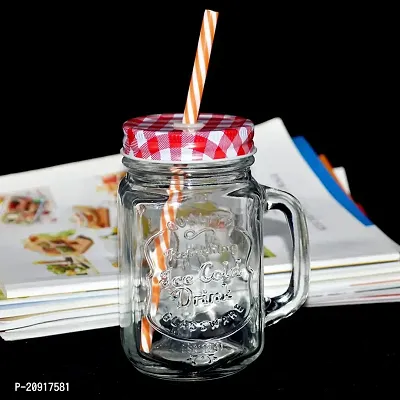 Kosh Mason Glass Jar with Lid and Straw Multicolour Mugs with Handle, Regular Mouth, Colorful Lids with Reusable Straw Beverages Glass Air Tight Frosty Jar with Handle Mason Mug-thumb3